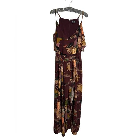 City Chic Tropic Heat Tropical Flowy Burgundy Wrap Wide Leg Jumpsuit Sz 16 - Picture 3 of 6